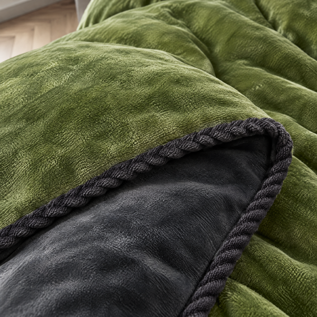 Gros plan de la housse de couette flanelle : flanelle brossée vert mousse, envers gris et bord tressé