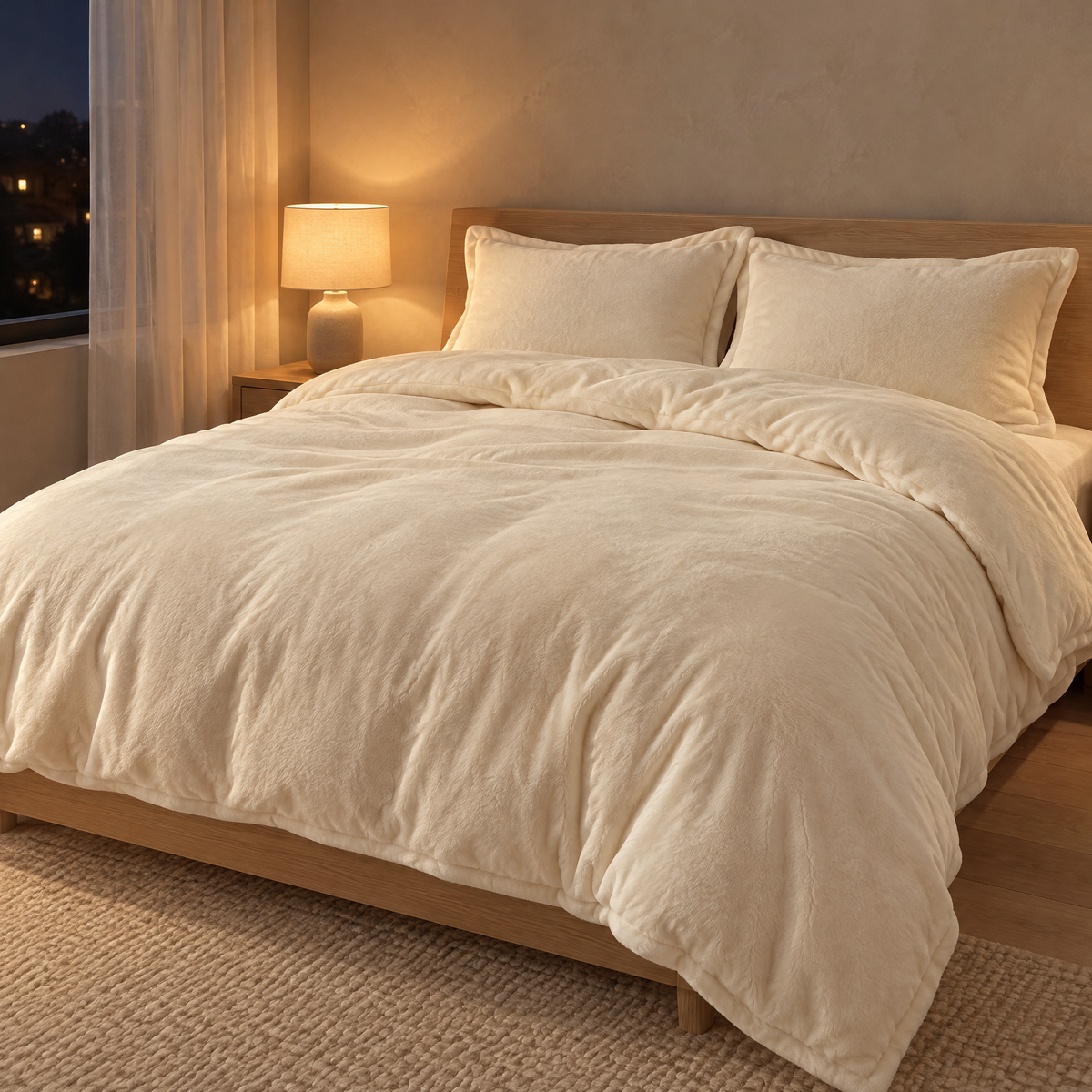 Housse de couette polaire crème en polaire corail sur un lit double dans une chambre le soir