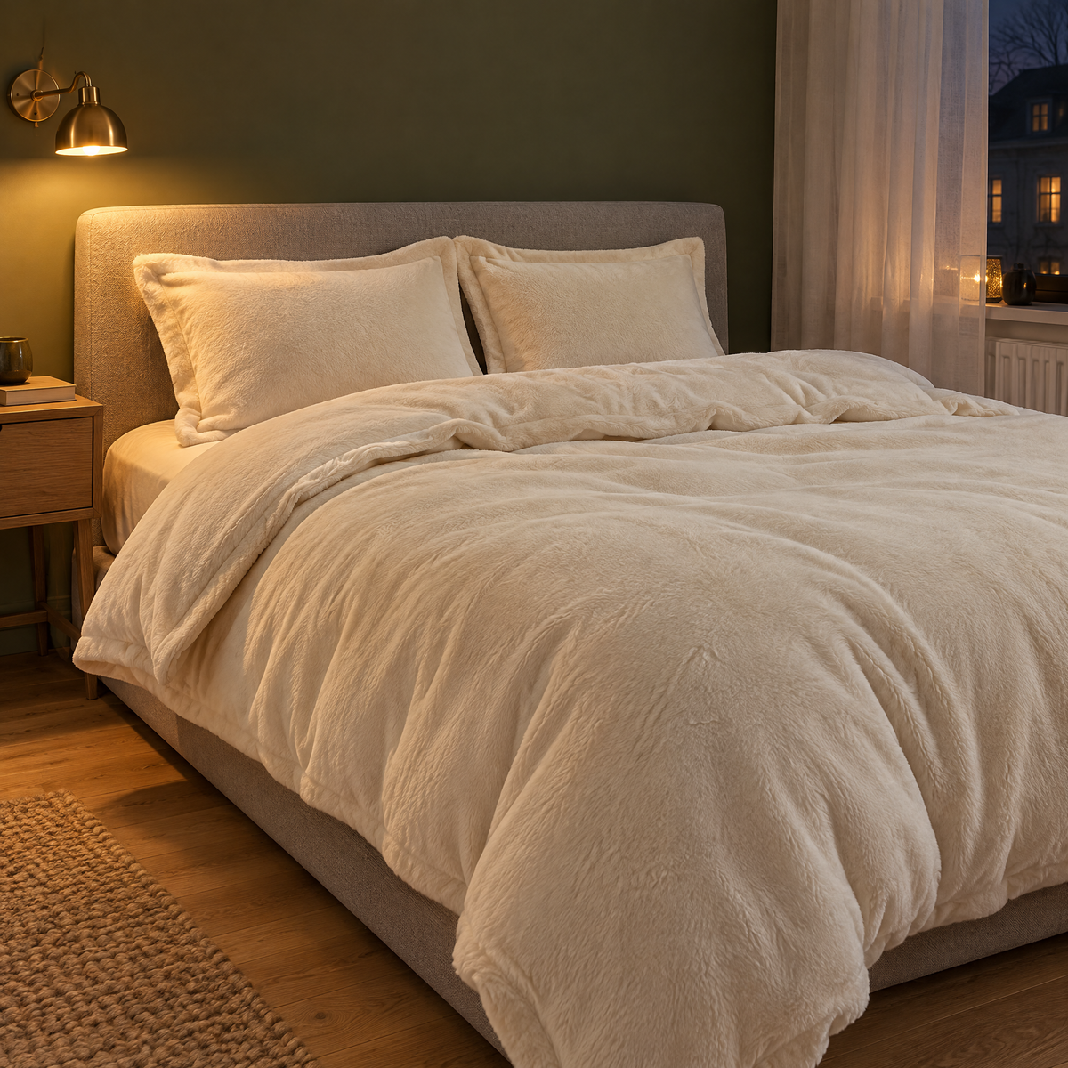 Parure de lit polaire crème avec deux taies devant un mur vert à la lumière d'une lampe