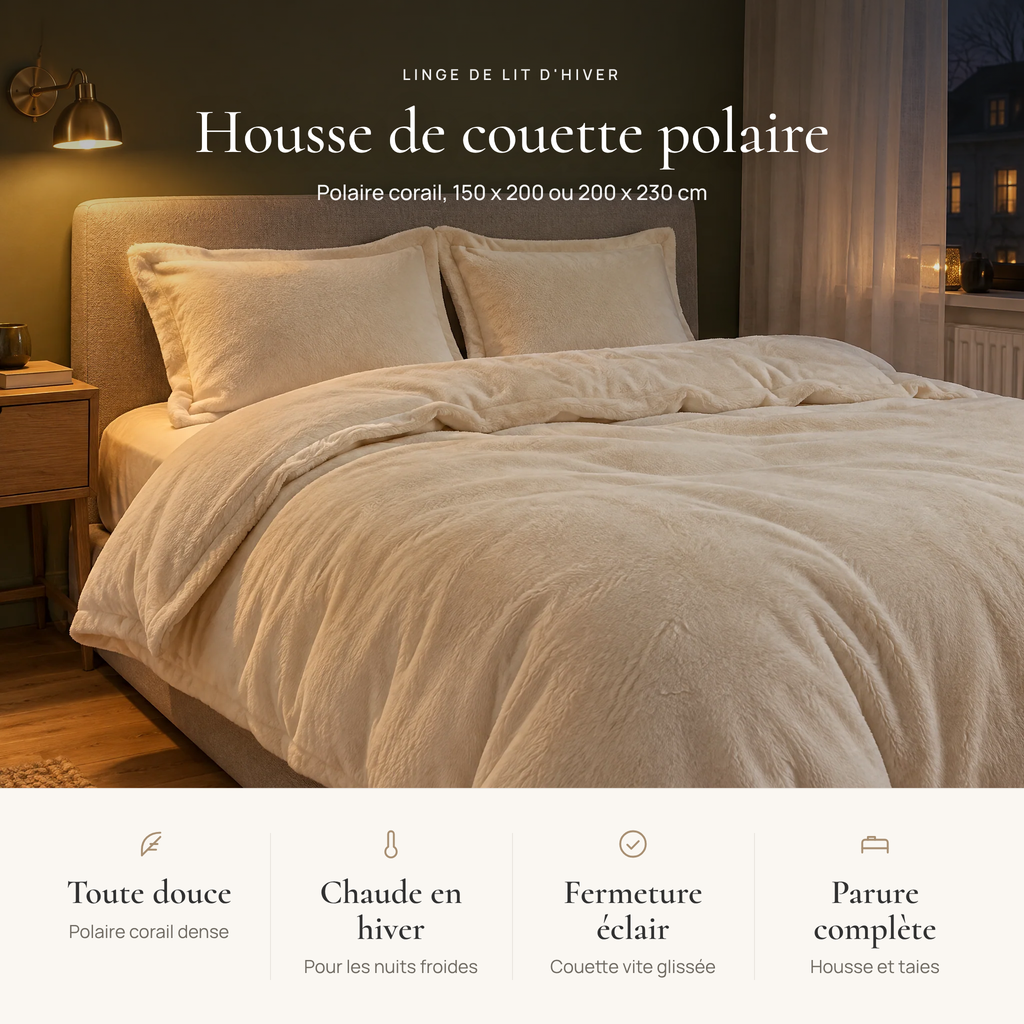 Avantages de la housse de couette polaire : polaire corail douce, chaude en hiver, fermeture éclair, parure avec taies