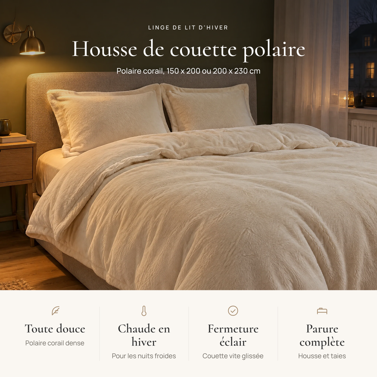 Avantages de la housse de couette polaire : polaire corail douce, chaude en hiver, fermeture éclair, parure avec taies