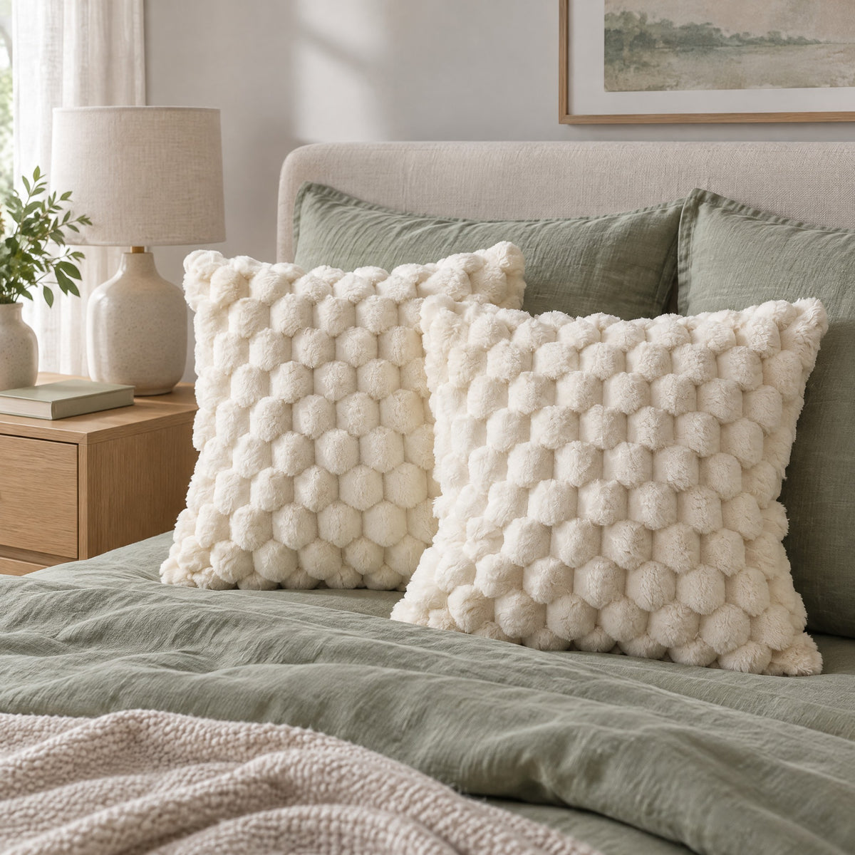 Deux housses de coussin crème à relief bulles posées contre la tête de lit dans une chambre