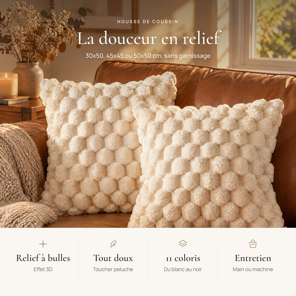 Avantages de la housse de coussin : relief à bulles, toucher peluche, 11 coloris, entretien facile