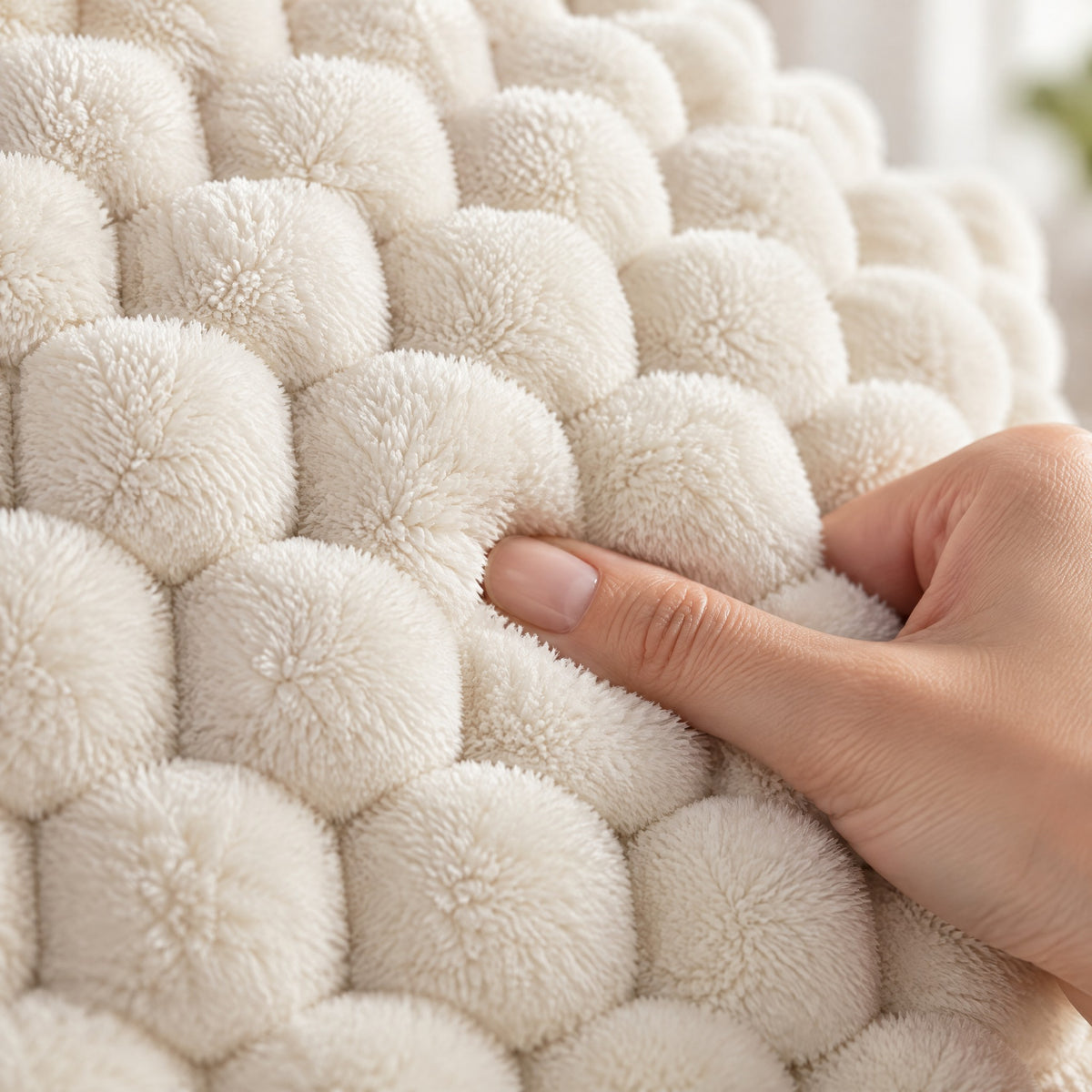 Gros plan sur le relief à bulles et le toucher peluche de la housse de coussin crème