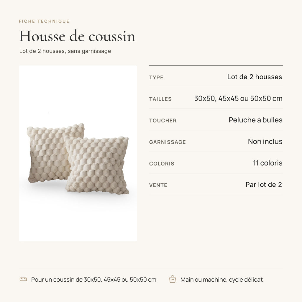 Fiche technique du lot de 2 housses de coussin 30x50, 45x45 ou 50x50 cm, vendues sans garnissage