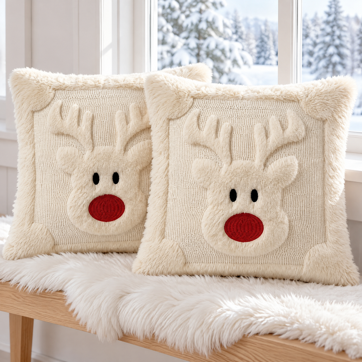 Deux housses de coussin de Noël 45x45 crème en peluche avec renne au nez rouge sur un banc en bois avec peau de mouton devant une fenêtre enneigée