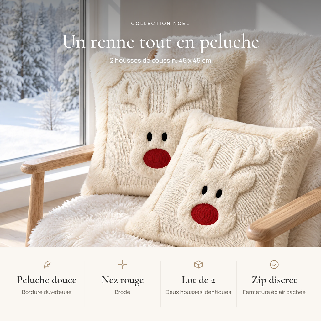 Avantages de la housse de coussin de Noël 45x45 renne : peluche douce, nez rouge brodé, lot de 2, fermeture éclair cachée