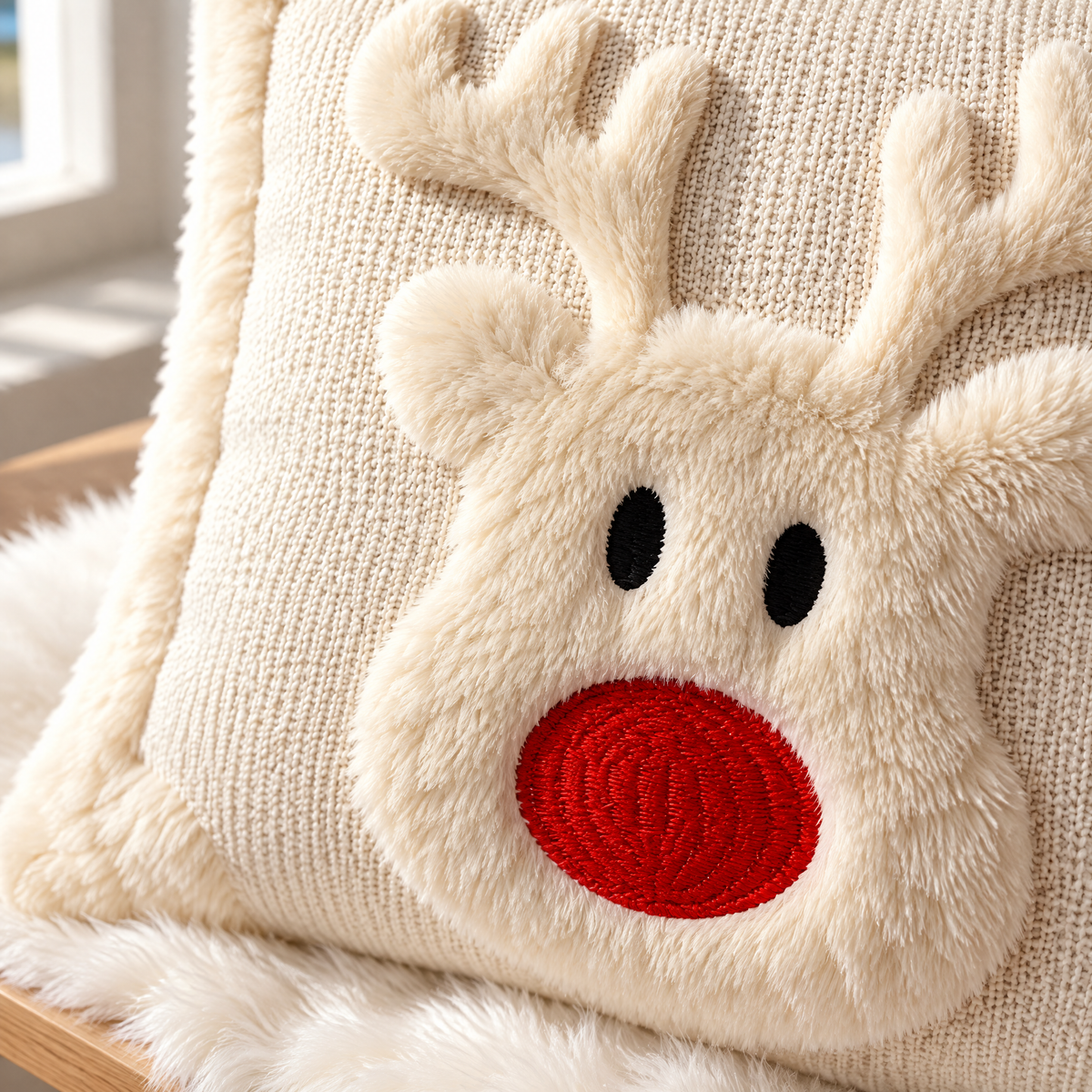 Gros plan sur la tête de renne en peluche avec yeux et nez rouge brodés