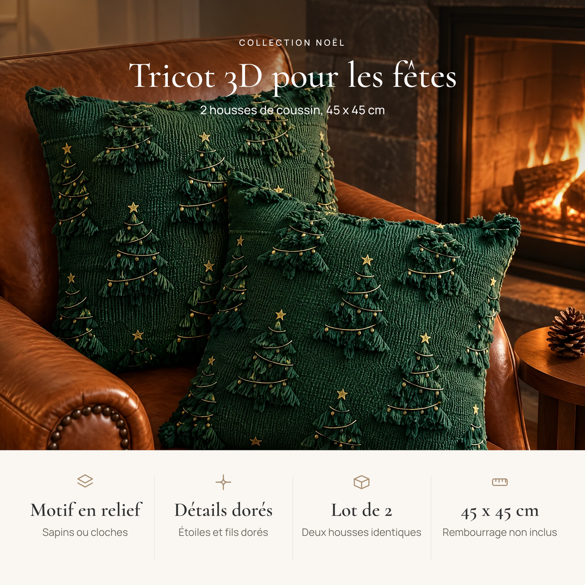 Avantages de la housse de coussin de Noël 45x45 : motif en tricot 3D, détails dorés, lot de 2, 45 x 45 cm sans rembourrage