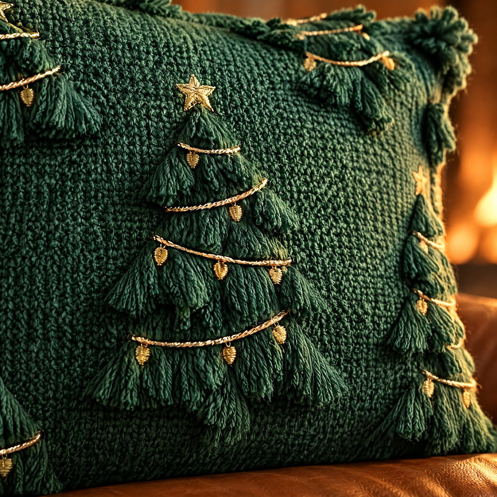 Gros plan sur le tricot 3D : sapin vert avec guirlande dorée et étoile