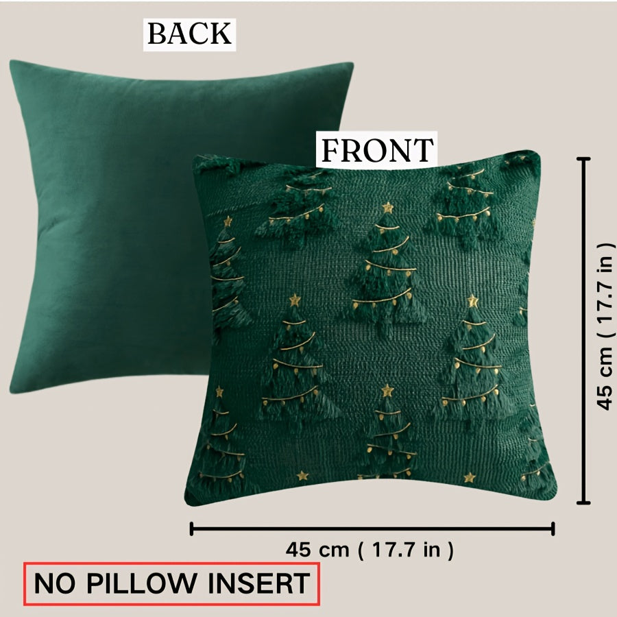 Dimensions de la housse de coussin 45x45 : recto à sapins en relief, verso vert uni, sans rembourrage