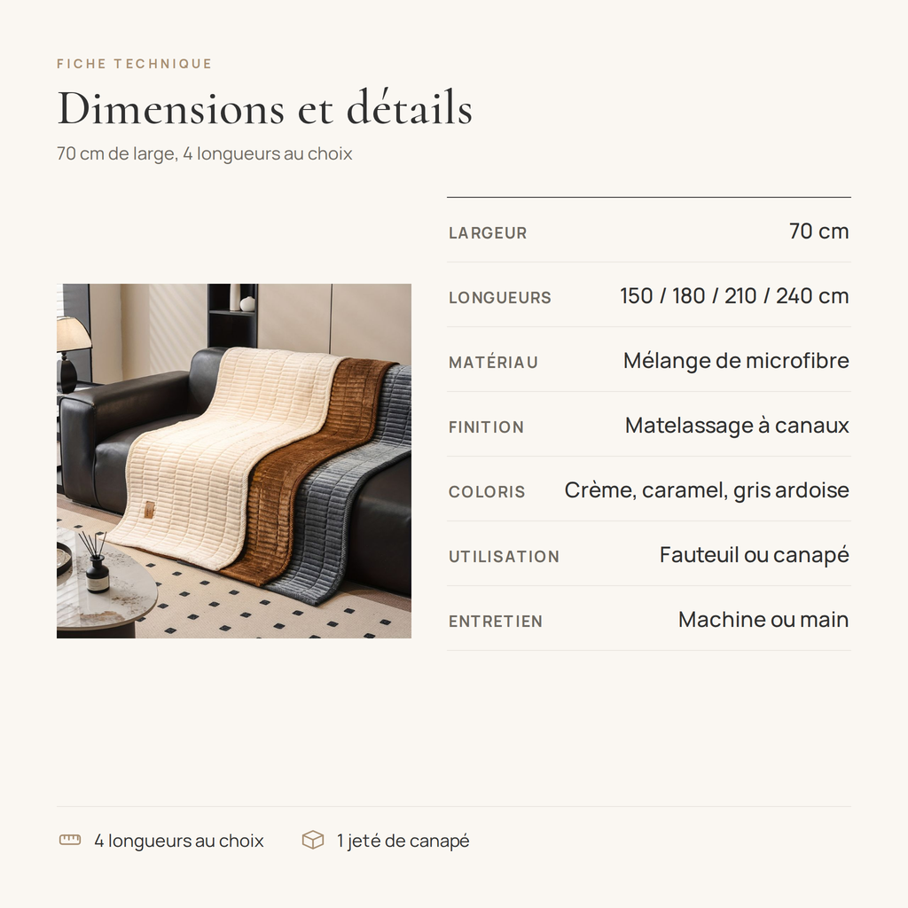 Fiche technique du jeté de canapé matelassé : 70 cm de large, 4 longueurs, microfibre