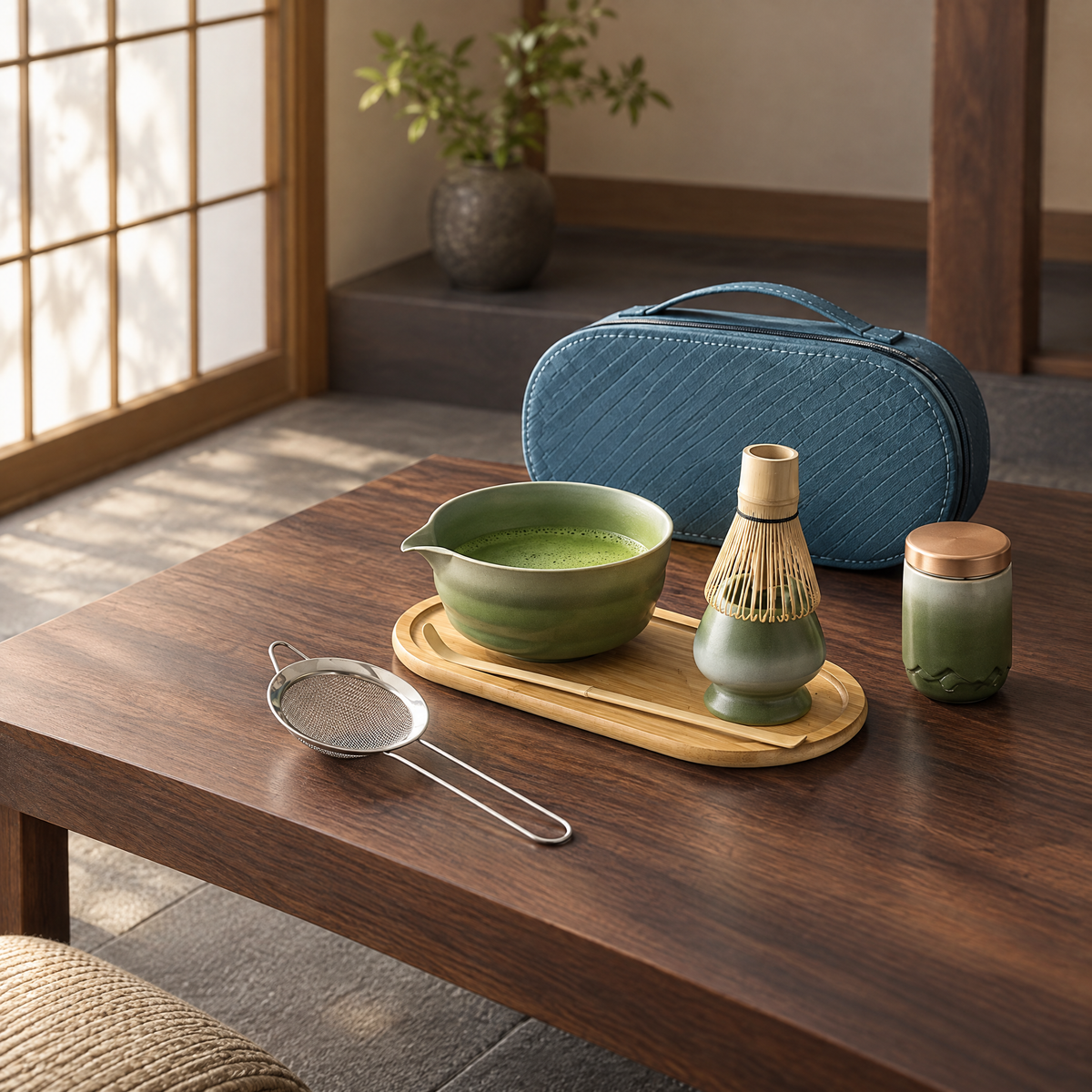 Kit matcha avec bol de matcha fouetté et étui de voyage bleu sur une table en cèdre