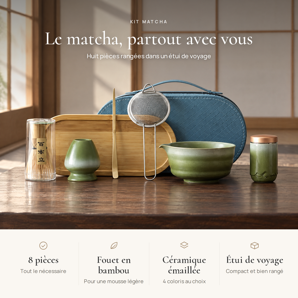 Avantages du kit matcha : 8 pièces, fouet en bambou, céramique émaillée, étui de voyage