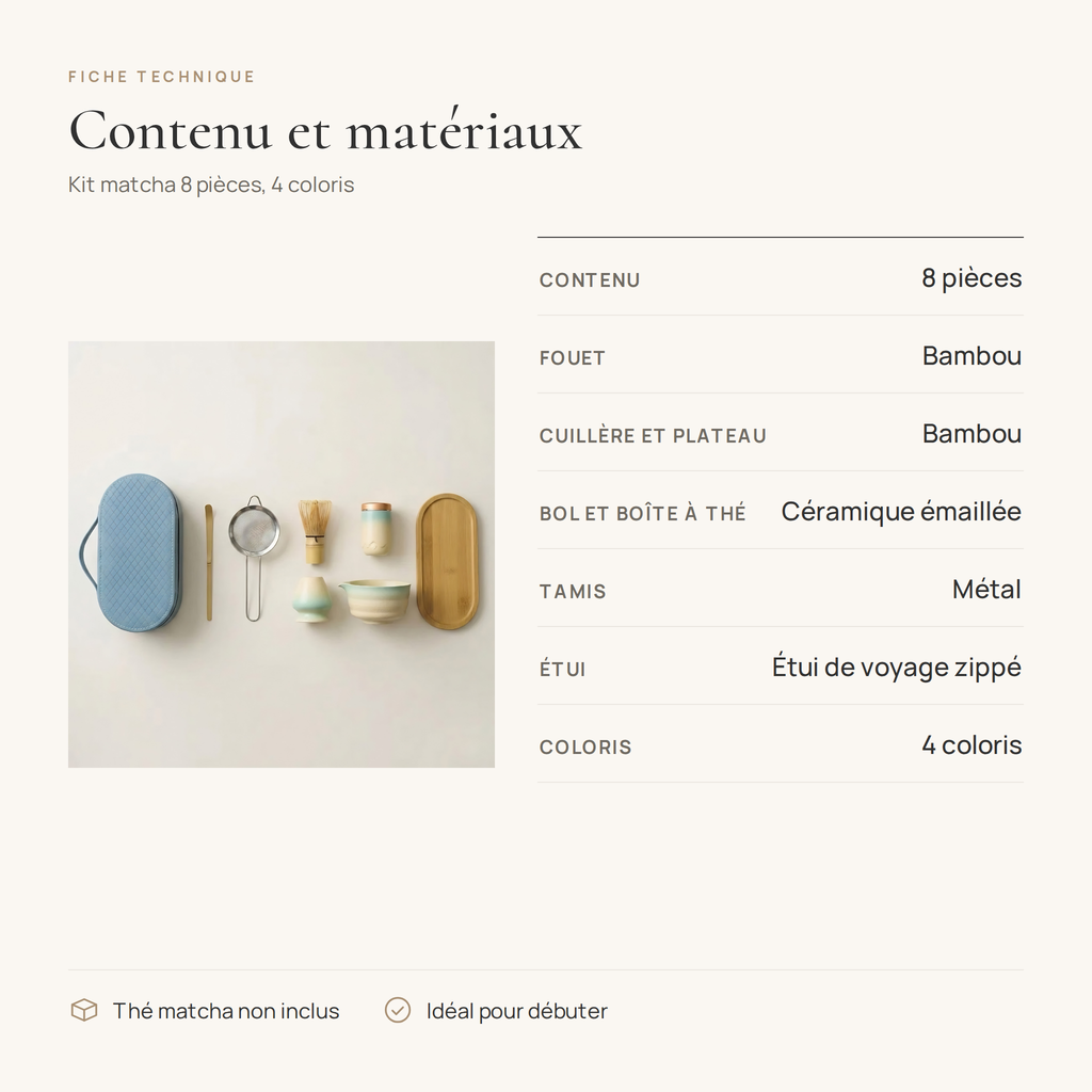 Fiche technique du kit matcha : 8 pièces, bambou, céramique, thé non inclus