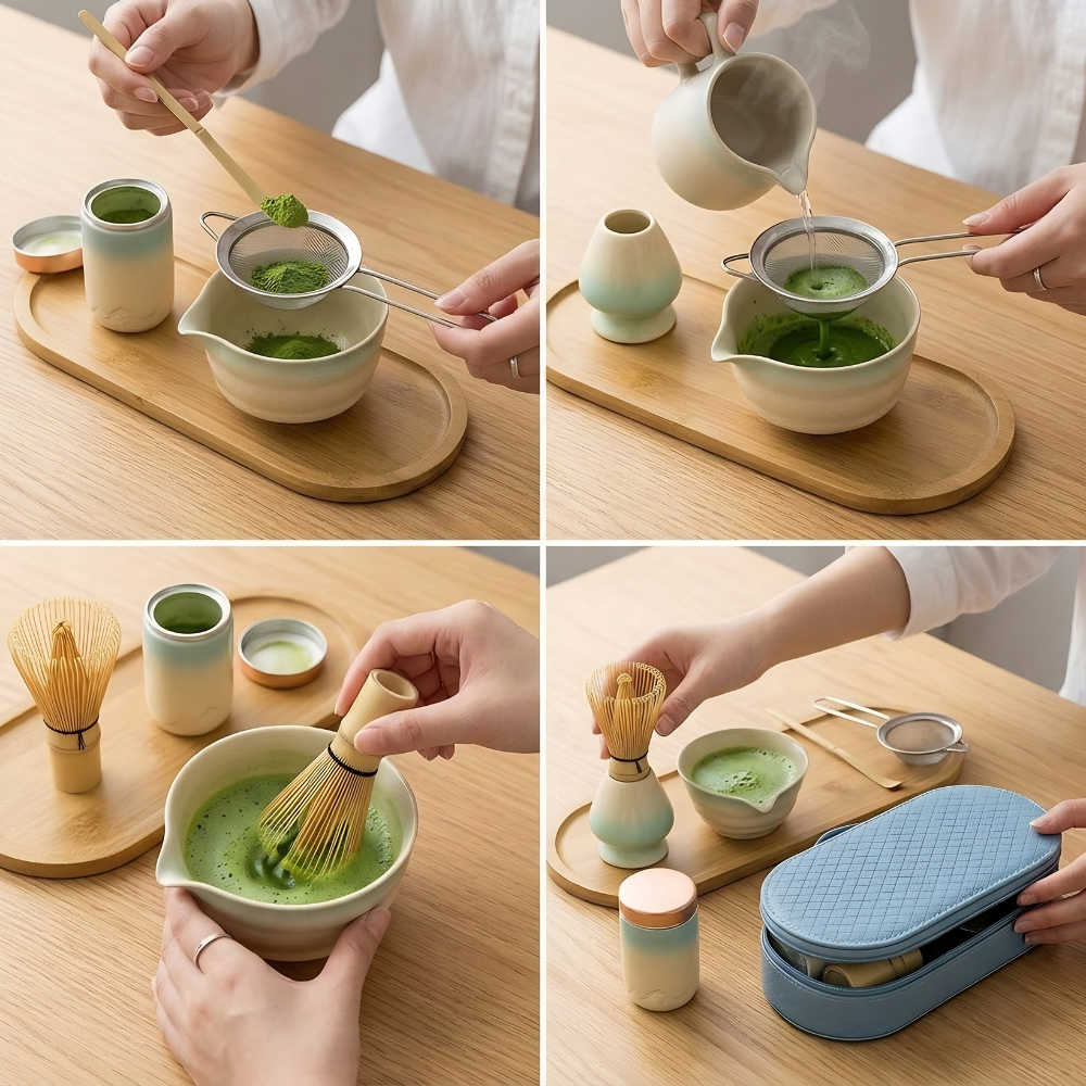 Étapes de préparation du matcha avec le tamis et le fouet