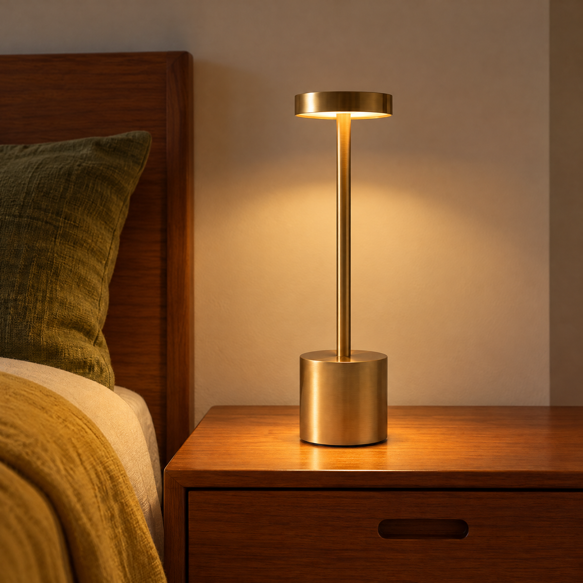 Lampe de table sans fil dorée allumée sur une table de chevet en teck