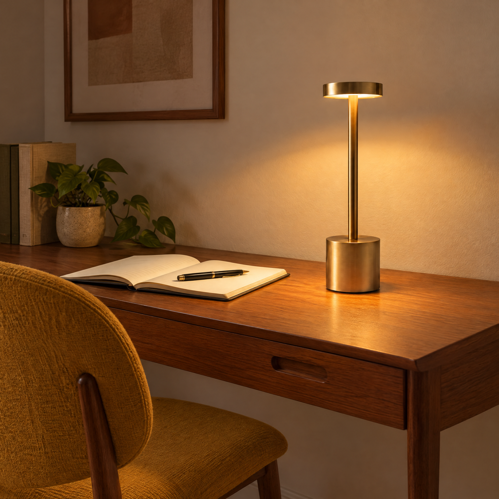 Lampe de table sans fil dorée sur un bureau en teck dans une chambre mid-century