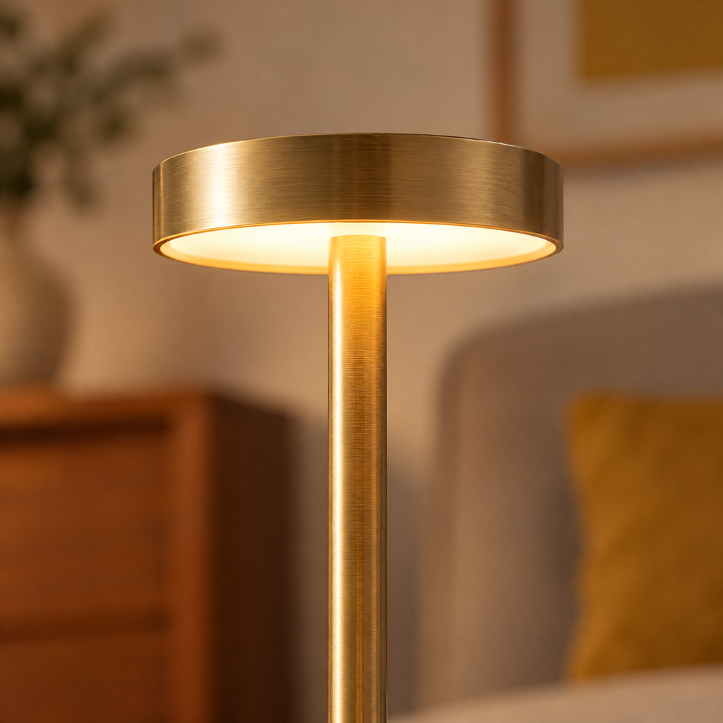 Gros plan sur la tête ronde de la lampe de table sans fil et sa lumière chaude