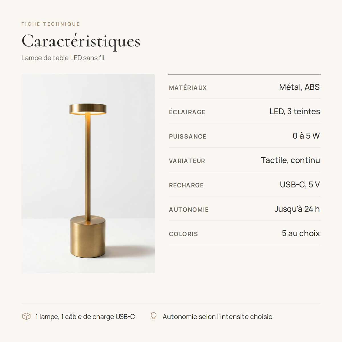Fiche technique de la lampe de table sans fil : métal et ABS, LED 0 à 5 W, recharge USB-C