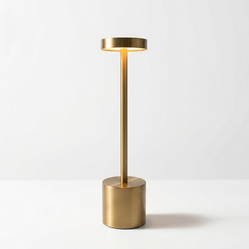 Lampe de table sans fil dorée sur fond blanc