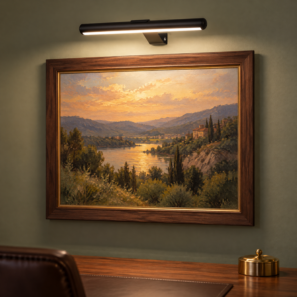Lampe de tableau sans fil noire au-dessus d'un paysage dans le bureau
