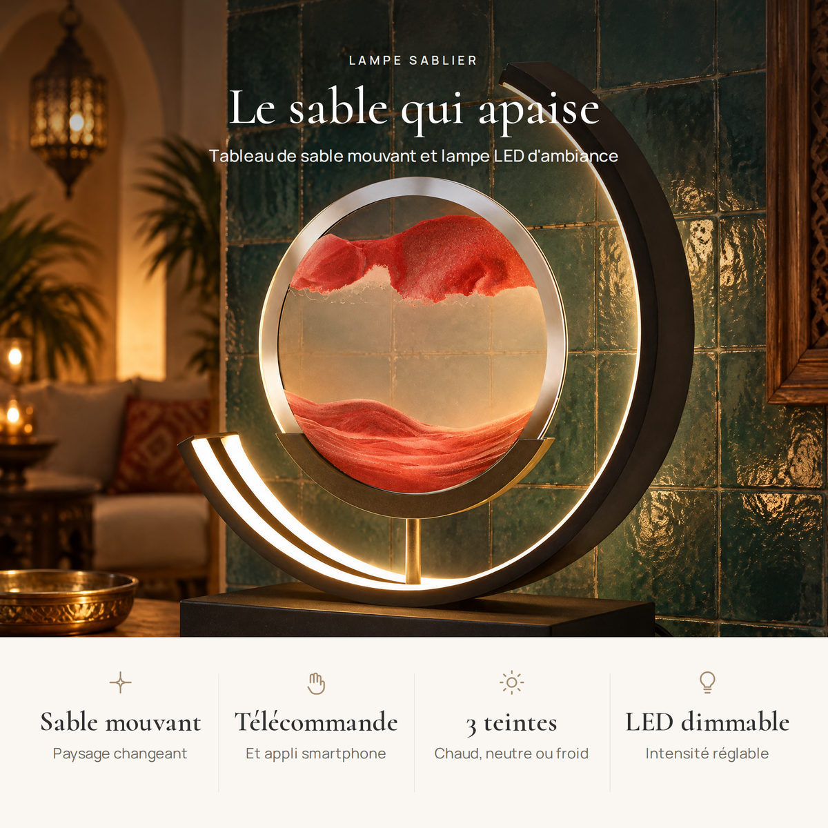 Avantages de la lampe sablier : sable mouvant, appli et télécommande, 3 teintes, LED dimmable