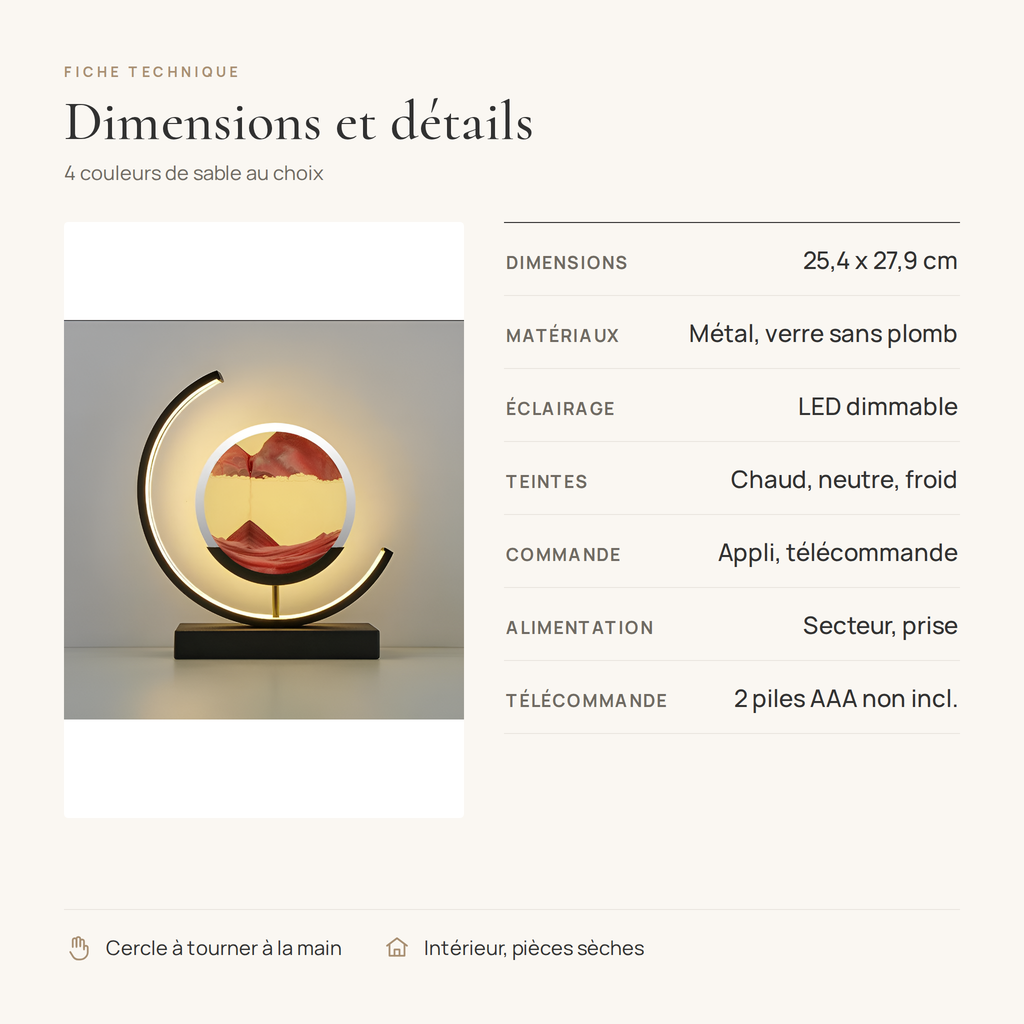 Fiche technique de la lampe sablier : 25,4 x 27,9 cm, métal et verre, 3 teintes de lumière