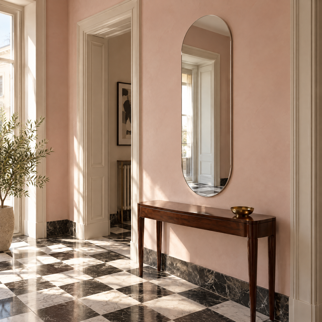 Miroir mural ovale sans cadre au-dessus d'une console en palissandre