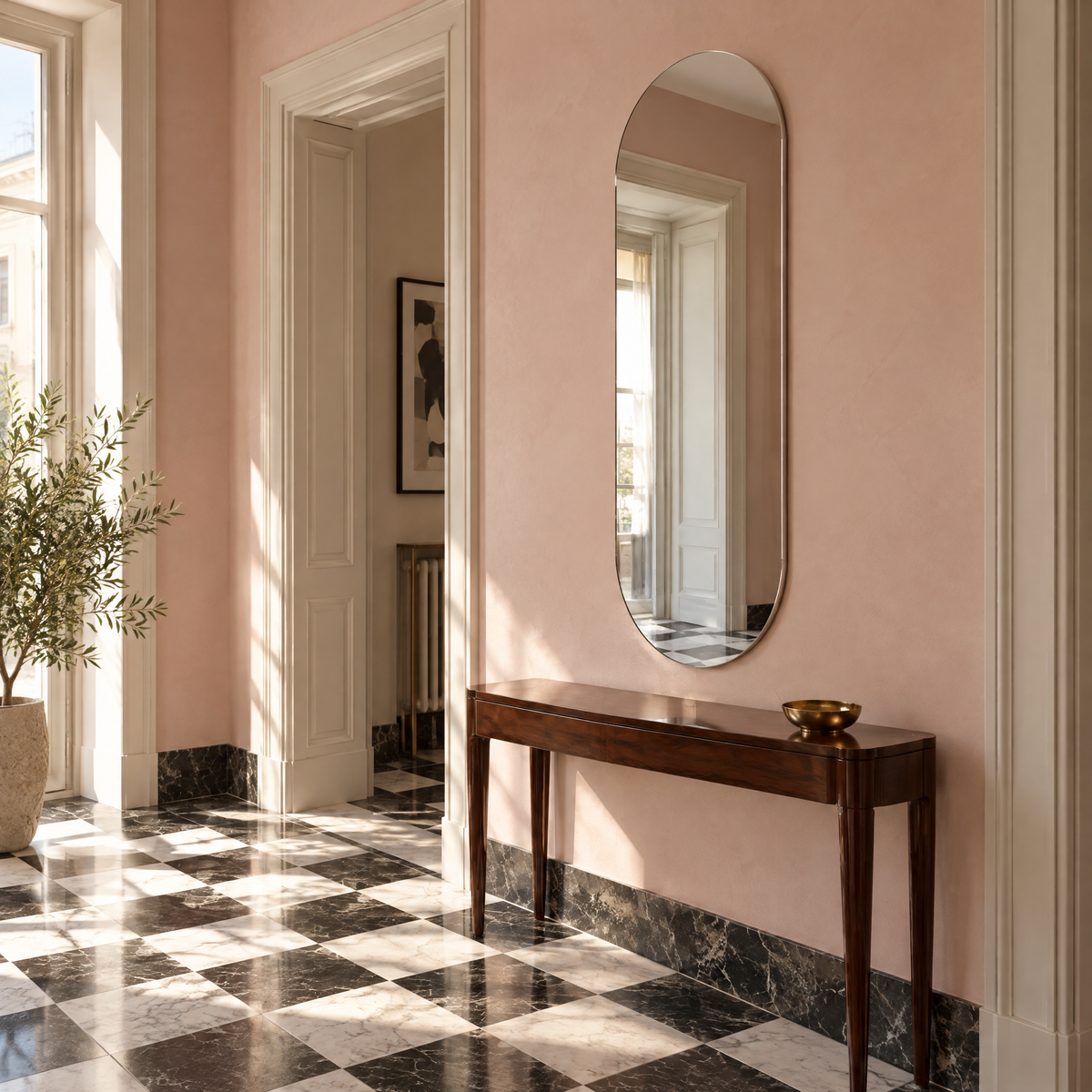 Miroir mural ovale sans cadre au-dessus d'une console en palissandre