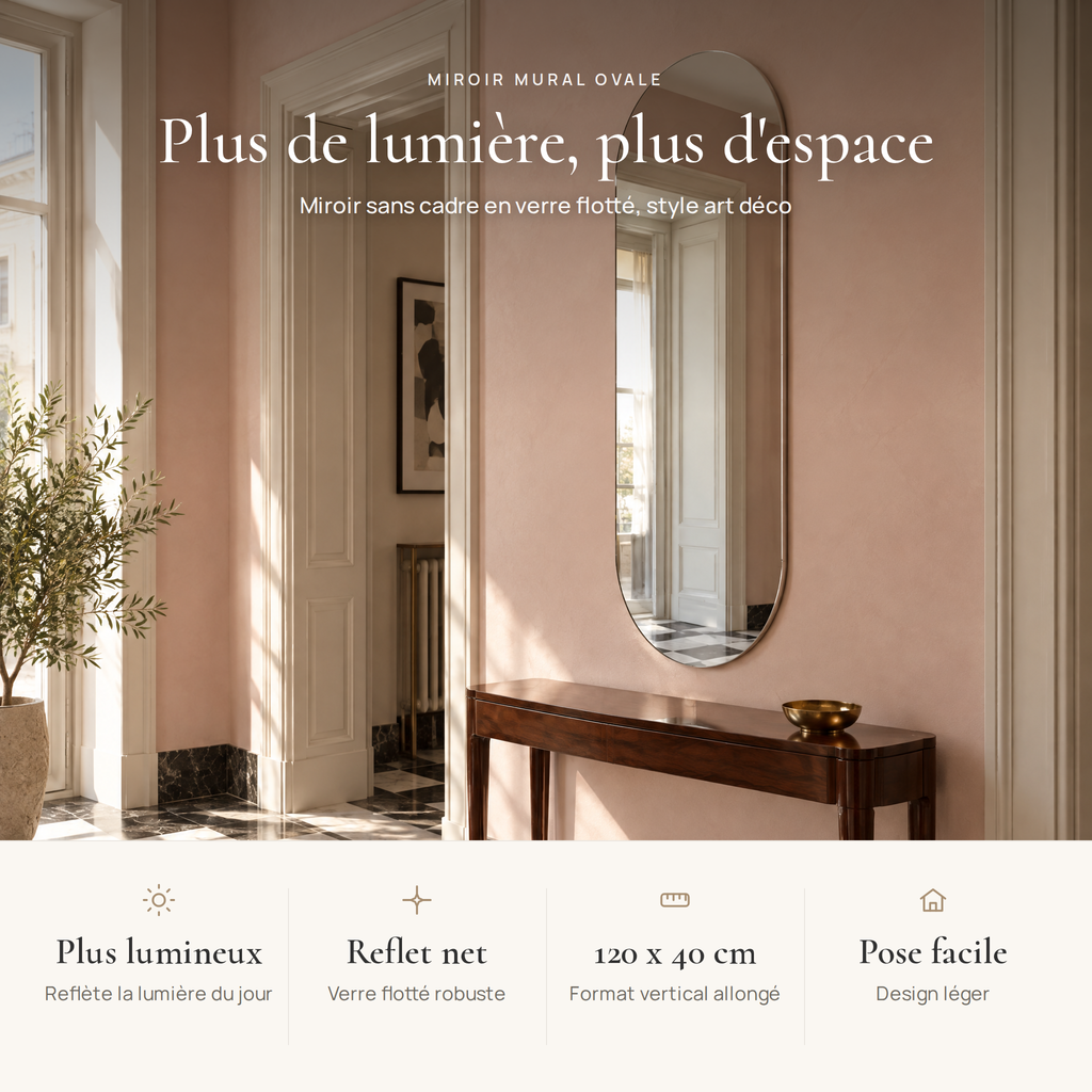 Avantages du miroir mural ovale : pièce lumineuse, reflet net, 120 x 40 cm, pose facile