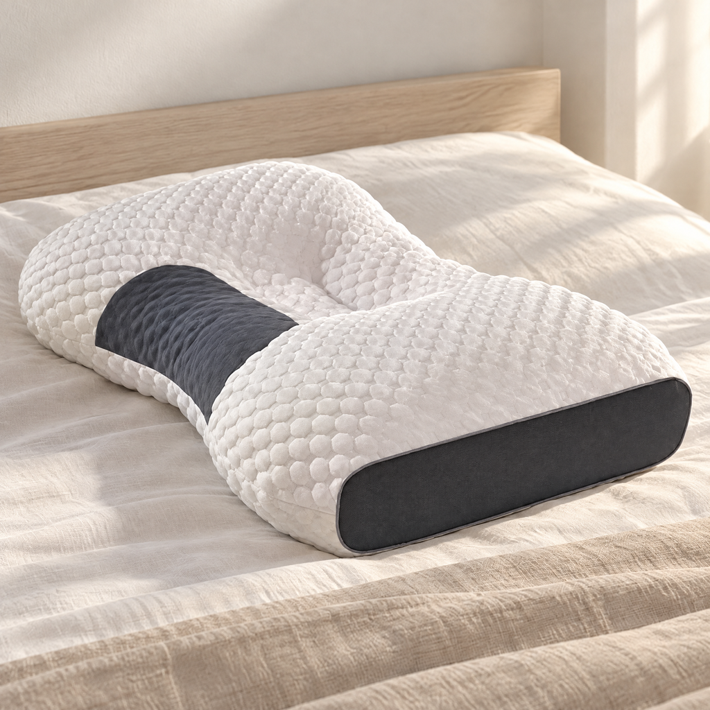 Oreiller ergonomique 48 x 74 cm en forme de papillon à housse texturée sur un lit dans la lumière du matin