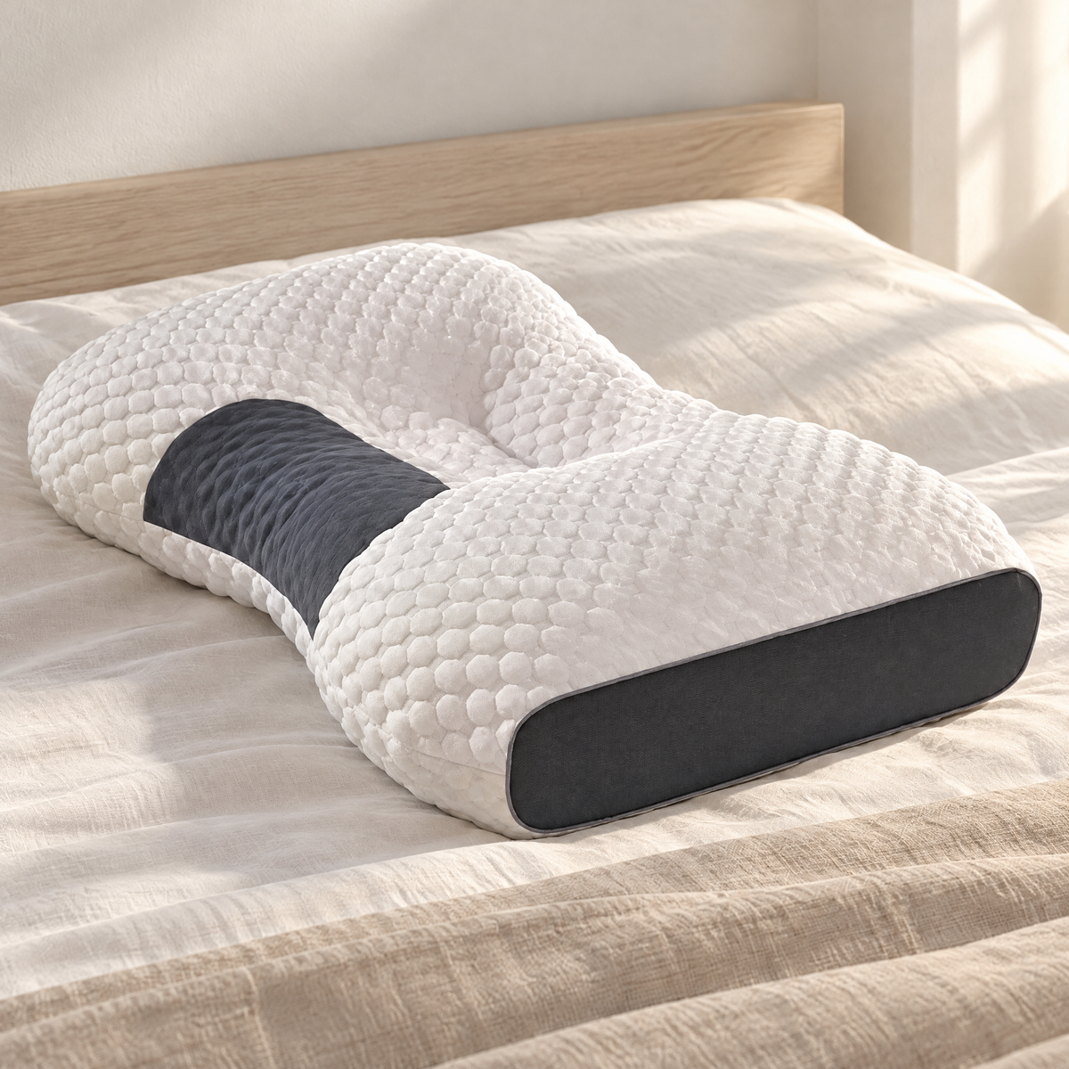 Oreiller ergonomique 48 x 74 cm en forme de papillon à housse texturée sur un lit dans la lumière du matin