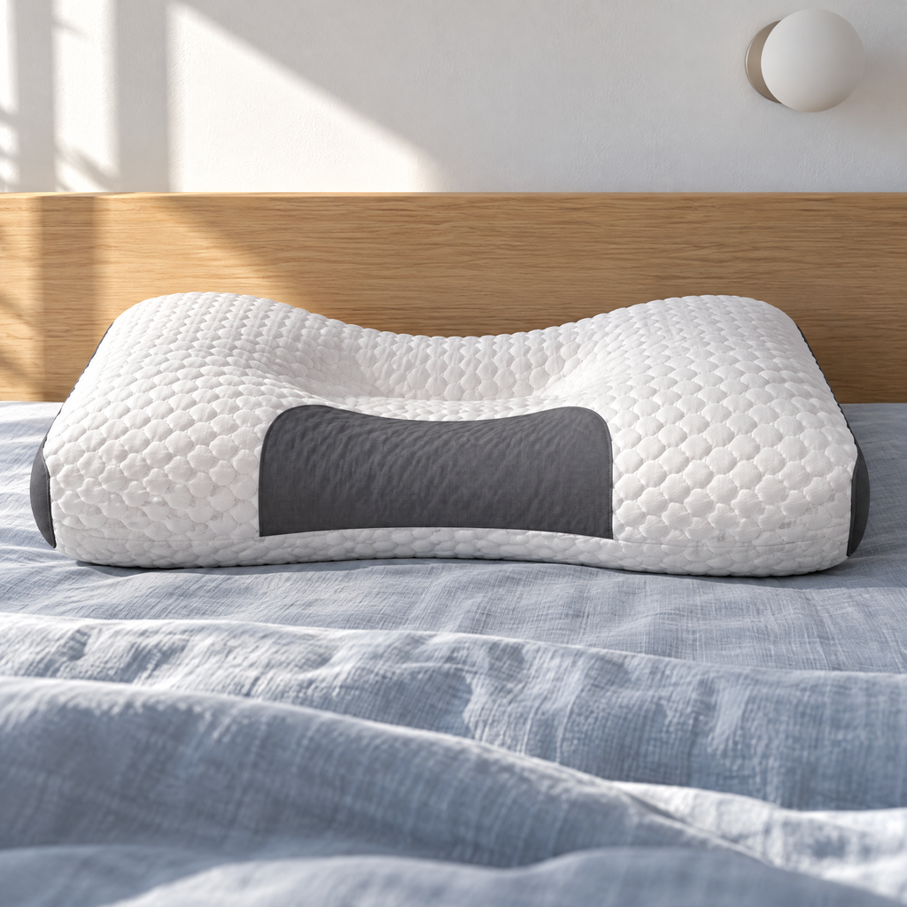 Oreiller ergonomique à zone nuque surélevée sur un lit au linge bleu-gris