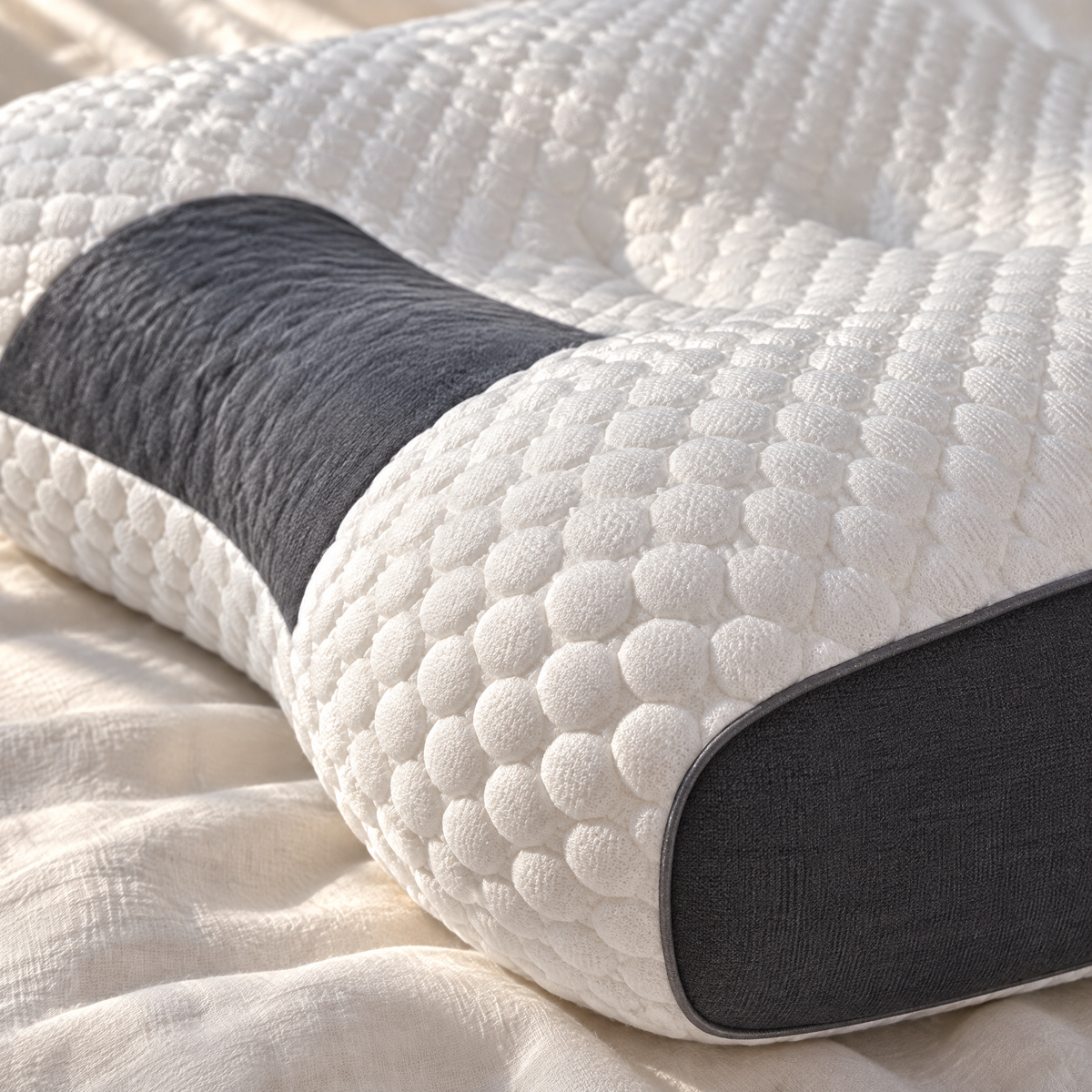 Gros plan de l'oreiller ergonomique : housse blanche à petits reliefs ronds, insert foncé et bande latérale