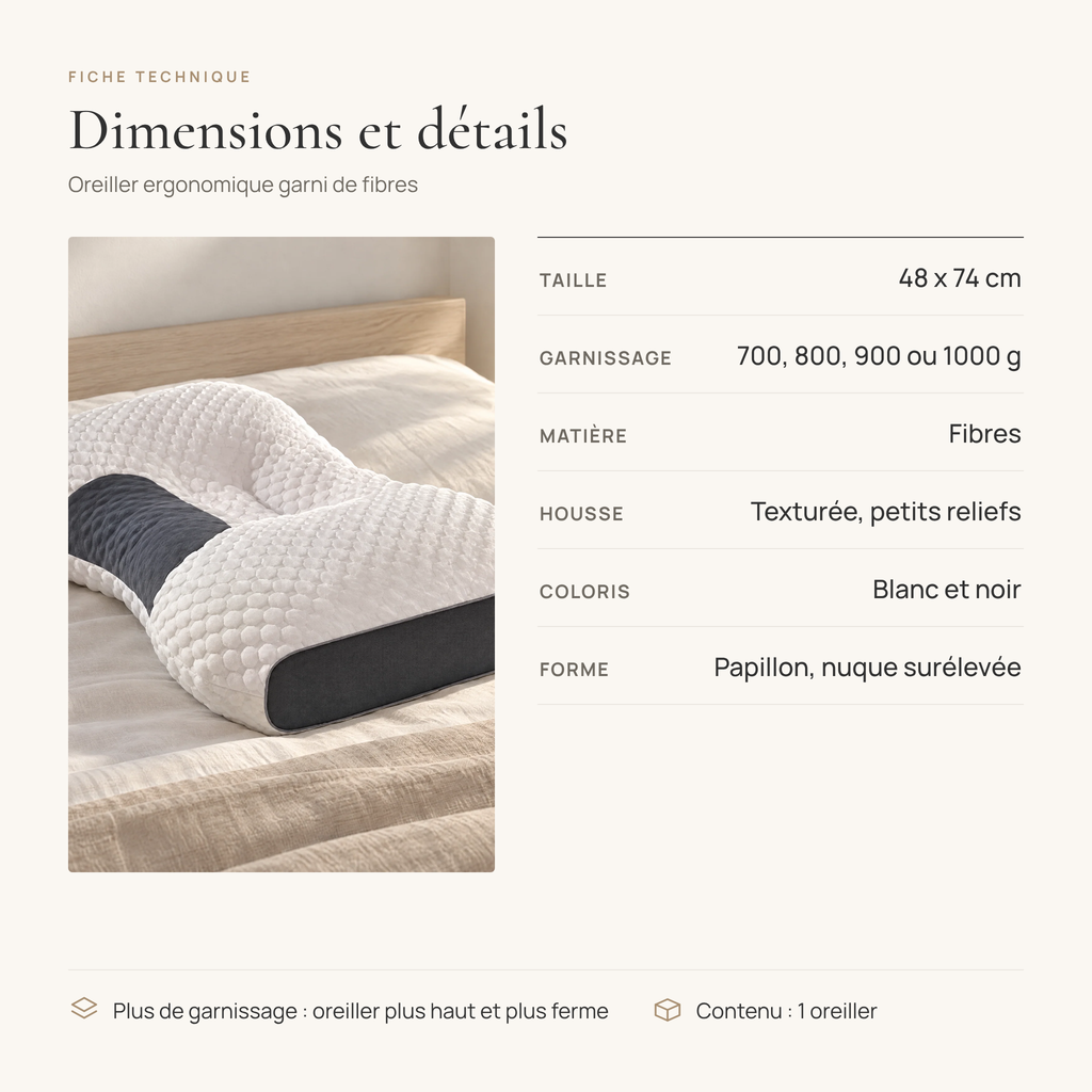 Fiche technique de l'oreiller ergonomique : 48 x 74 cm, garnissage en fibres de 700, 800, 900 ou 1000 g