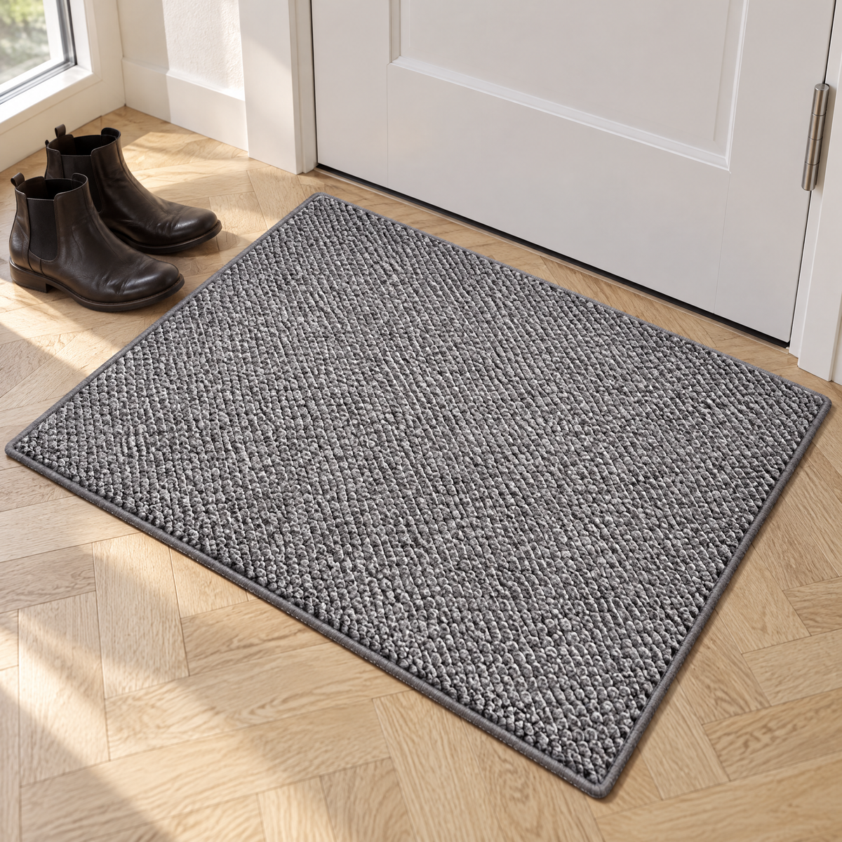 Paillasson intérieur gris à boucles dans l'entrée sur un parquet à chevrons, à côté de bottines