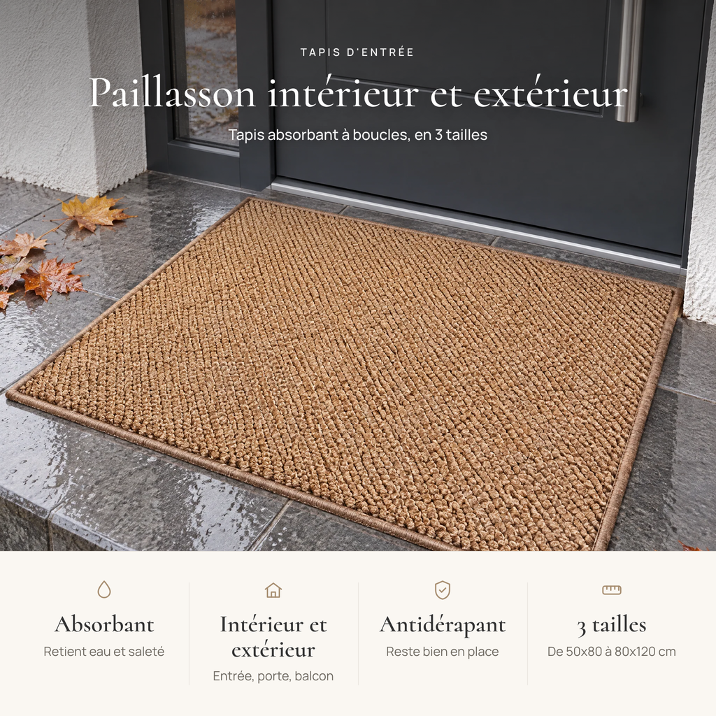 Avantages du paillasson intérieur et extérieur : absorbant, pour l'intérieur et l'extérieur, antidérapant, 3 tailles de 50x80 à 80x120 cm