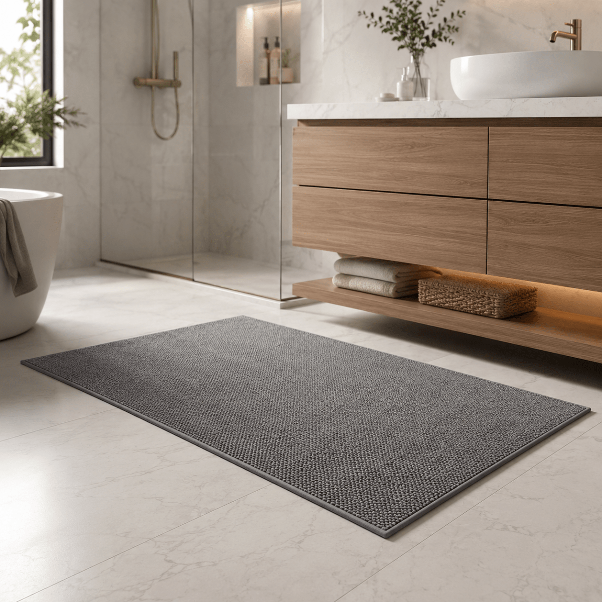 Tapis à boucles gris dans une salle de bains devant un meuble vasque en bois