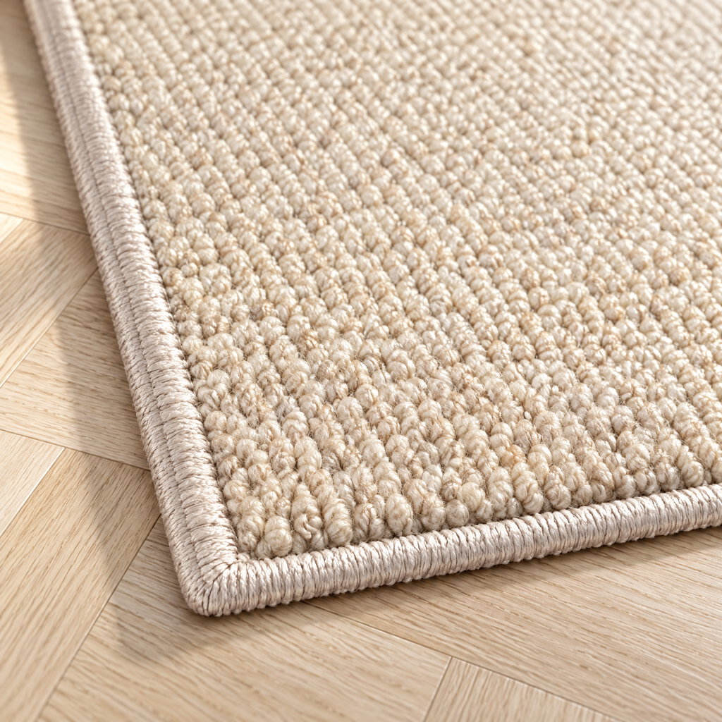 Gros plan du paillasson beige : boucles denses et bords gansés
