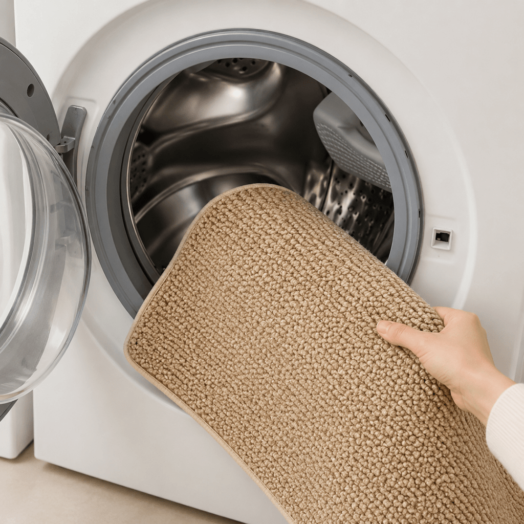 Tapis à boucles glissé dans le tambour d'un lave-linge