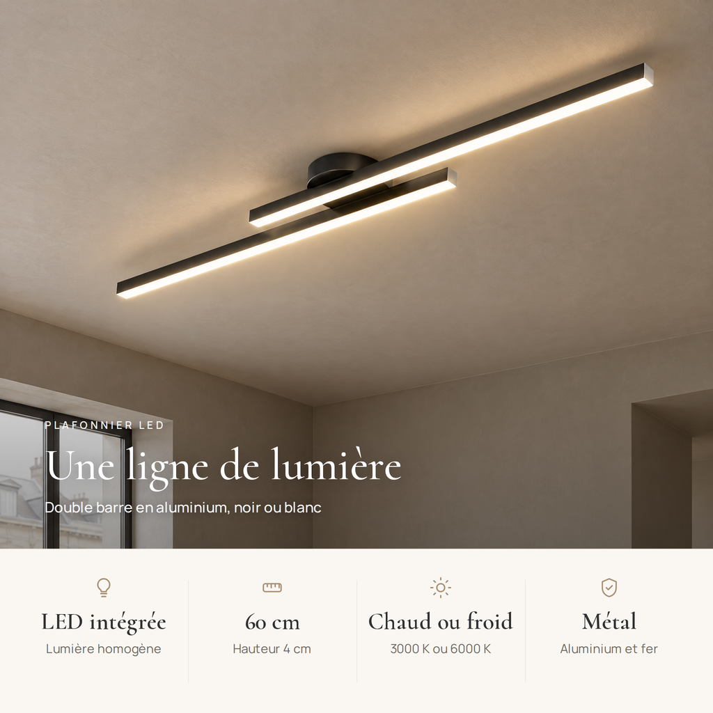Avantages du plafonnier LED linéaire : LED intégrée, 60 cm, blanc chaud ou froid, aluminium
