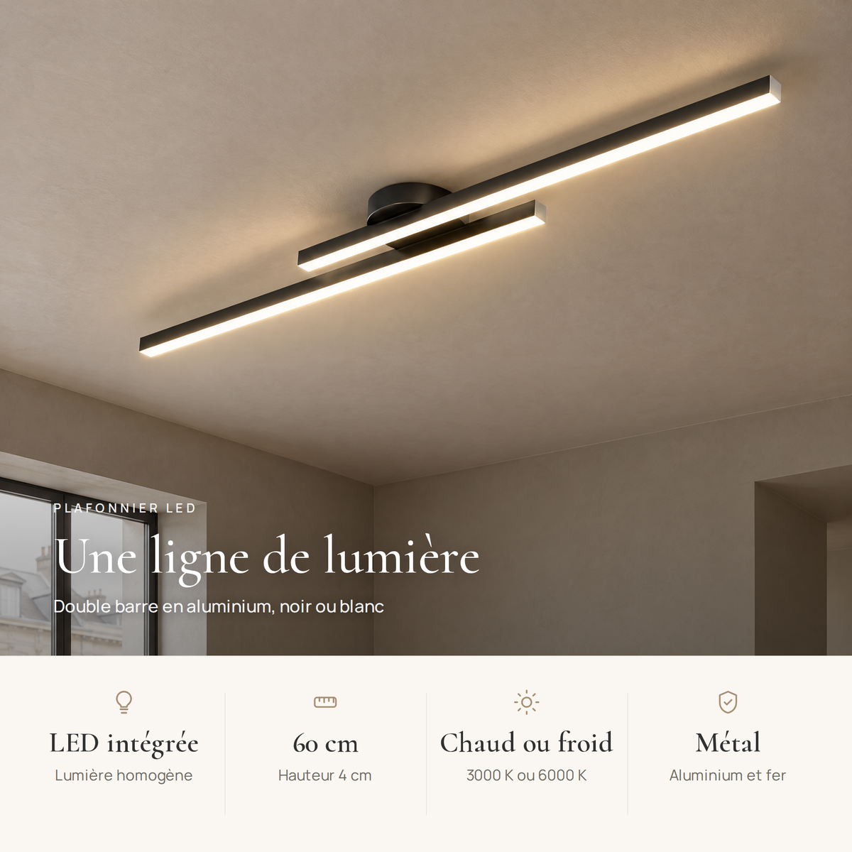 Avantages du plafonnier LED linéaire : LED intégrée, 60 cm, blanc chaud ou froid, aluminium