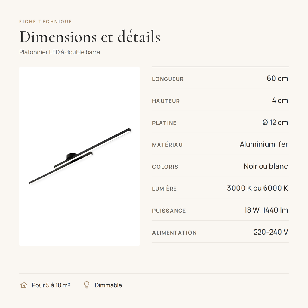 Fiche technique du plafonnier LED linéaire : 60 cm, hauteur 4 cm, platine 12 cm, 18 W