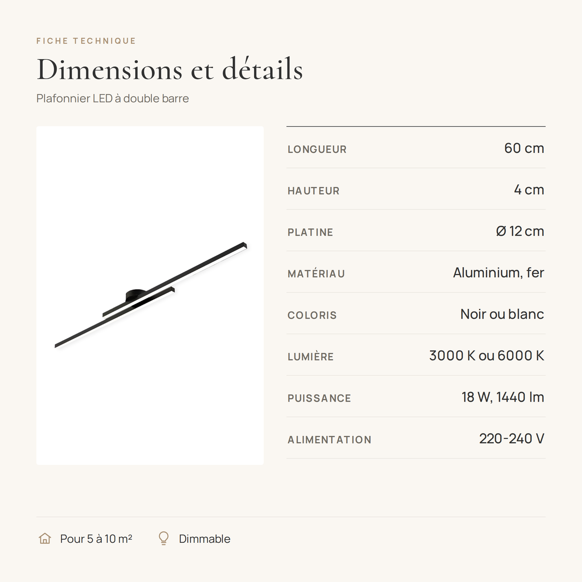 Fiche technique du plafonnier LED linéaire : 60 cm, hauteur 4 cm, platine 12 cm, 18 W