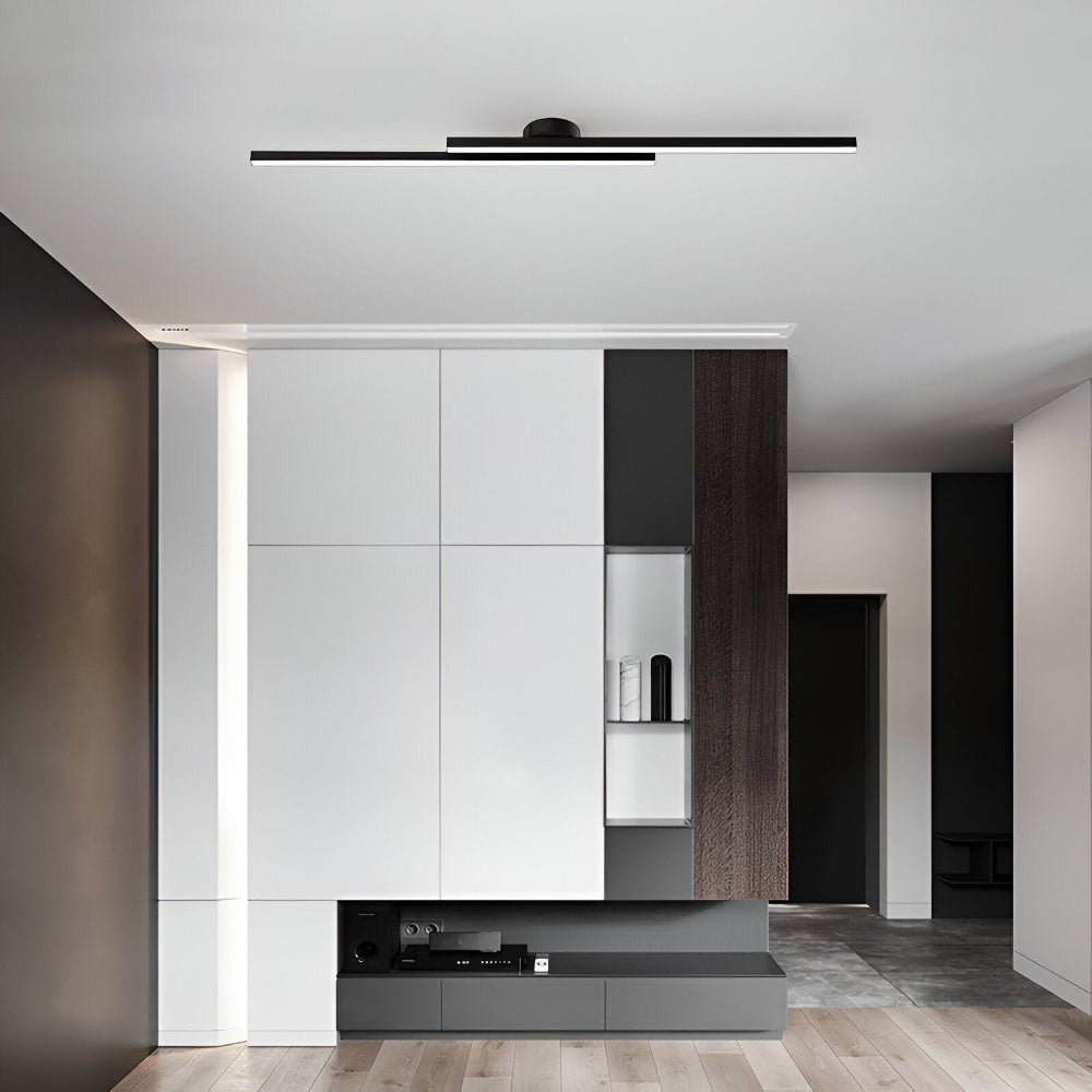 Plafonnier LED linéaire au plafond d'un séjour contemporain