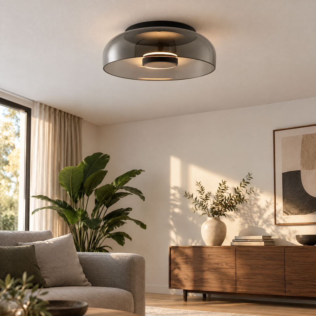 Plafonnier LED en verre gris fumé allumé dans un salon moderne l'après-midi