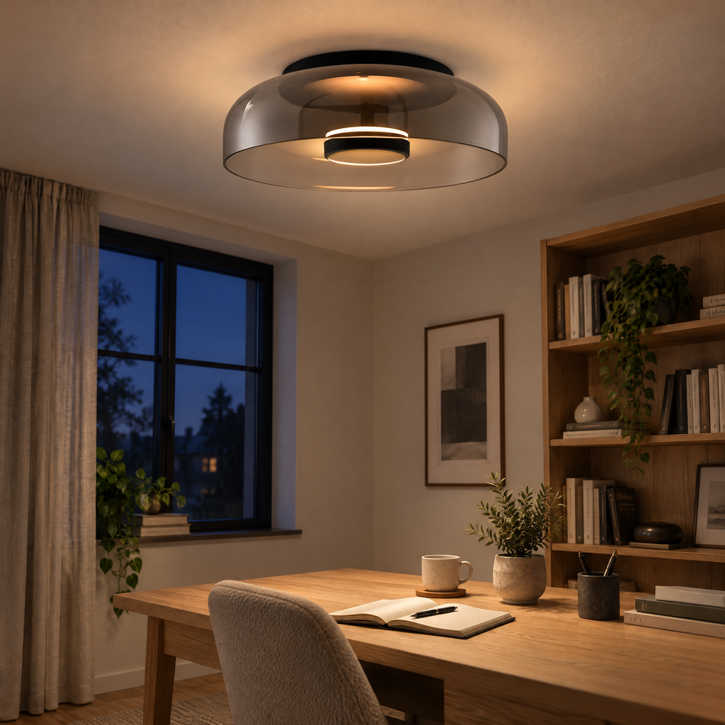 Plafonnier en verre gris fumé qui éclaire un bureau le soir