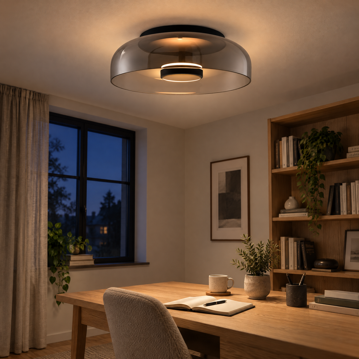 Plafonnier en verre gris fumé qui éclaire un bureau le soir