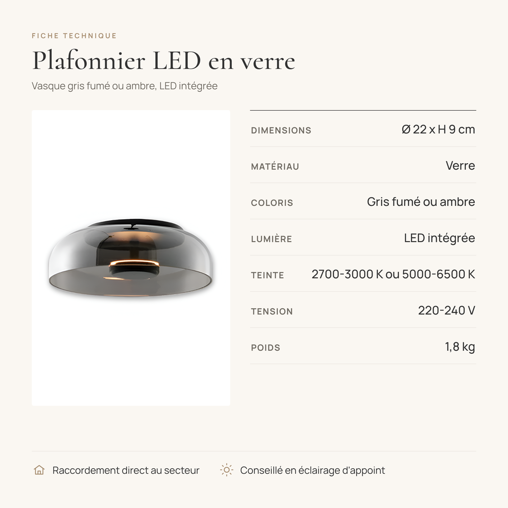 Fiche technique du plafonnier LED en verre : Ø 22 x H 9 cm, verre, LED intégrée, 220-240 V